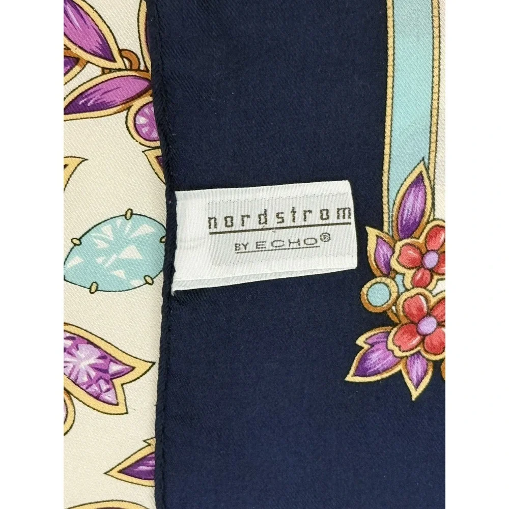 ECHO For Nordstrom Blue/Cream Gem/Jewels Square 100% Silk Scarf 35